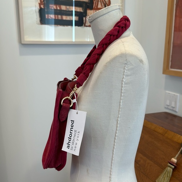 ahdorned U Shaped Braided Strap Suede Bag - Burgundy - Picture 3 of 4